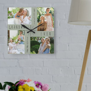 Reloj Cuadrado Mejor Abuela del Mundo 4 Collage de Fotos Verde