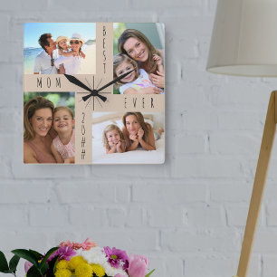 Reloj Cuadrado Mejor Mamá del Mundo 4 Collage de Fotos Beige