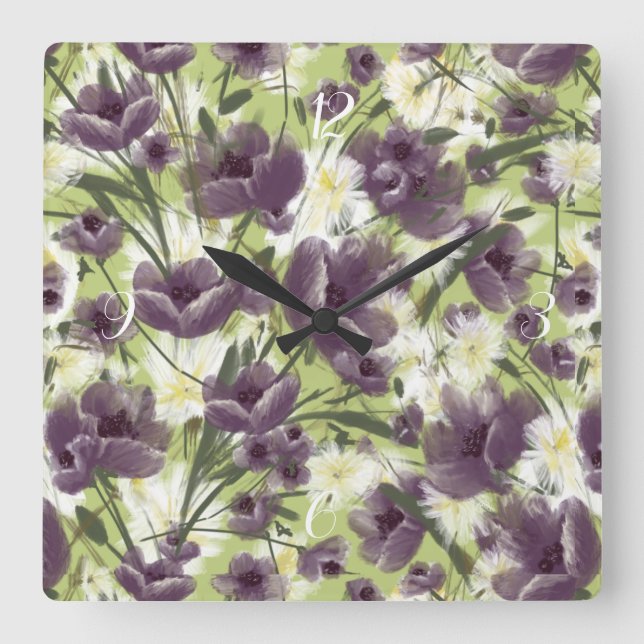Reloj Cuadrado Mellow Garden Morple Poppies Clock (Anverso)