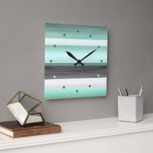 Reloj Cuadrado Menta Verde Gris Pastel Negro Rayas Acuarela