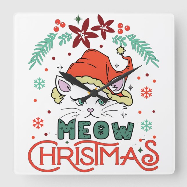 Reloj Cuadrado Meow Navidades, Feliz Navidad (Anverso)