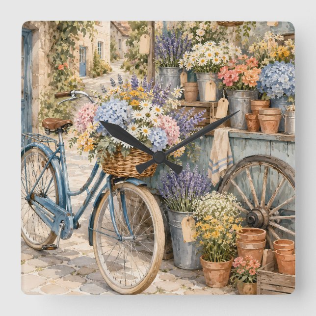 Reloj Cuadrado Mercado de Flores Bloomcore Bicicleta (Anverso)