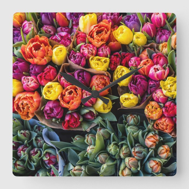 Reloj Cuadrado Mercado de Flores Rústico | Flor Cortada Fresca (Anverso)