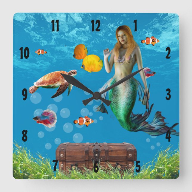 Reloj Cuadrado Mermaid subacuático Treasure Hunt Fantasy Blue (Anverso)