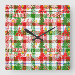 Reloj Cuadrado Merry Christmas Decorated Plaid Tartán