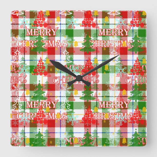 Reloj Cuadrado Merry Christmas Decorated Plaid Tartán (Anverso)
