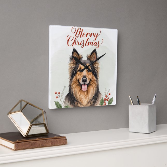 Reloj Cuadrado Merry Christmas Dog Festive Winter Home Wall Clock (Oficina)