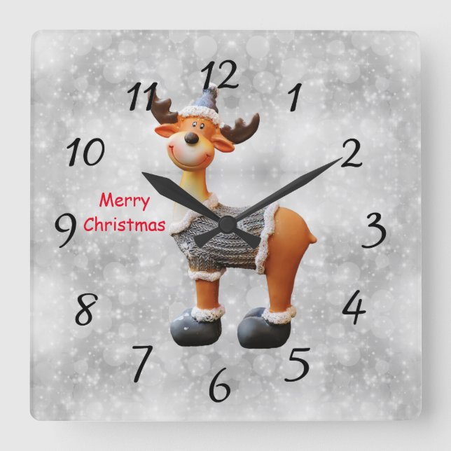 Reloj Cuadrado Merry Christmas moose wearing a hat      (Anverso)