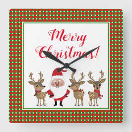 Reloj Cuadrado Merry Christmas Santa Reindeer Red Green Plaid 