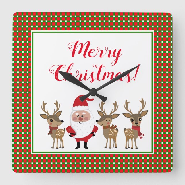 Reloj Cuadrado Merry Christmas Santa Reindeer Red Green Plaid  (Anverso)