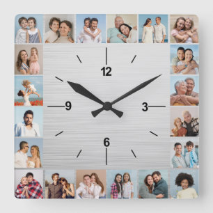 Reloj Cuadrado Metálico de plata cepillado de 20 Collages de foto