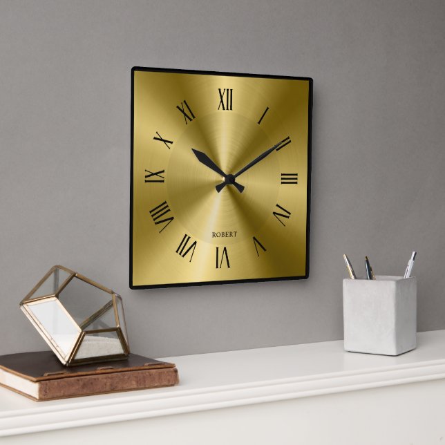 Reloj Cuadrado Metallic Gold & Black Border Roman Numerals  (Oficina)