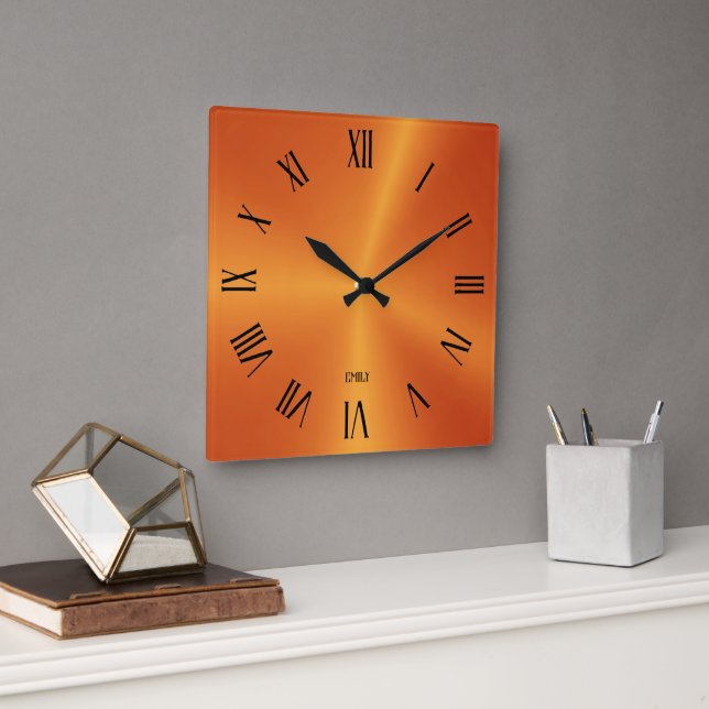 Reloj Cuadrado Metallic Orange Background Roman Numerals (Oficina)