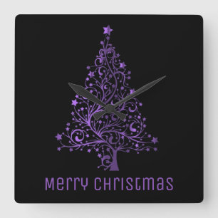 Reloj Cuadrado Metallic Purple Stars Christmas Tree Elegant Black