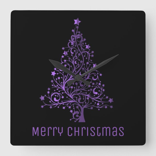 Reloj Cuadrado Metallic Purple Stars Christmas Tree Elegant Black (Anverso)