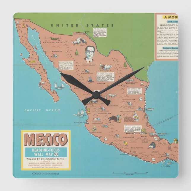 Reloj Cuadrado México - mapa mural del Título-Foco (Anverso)