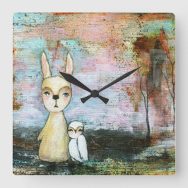 Reloj Cuadrado Mi mejor amigo, Whimsical Rabbit Owl Woodland Art