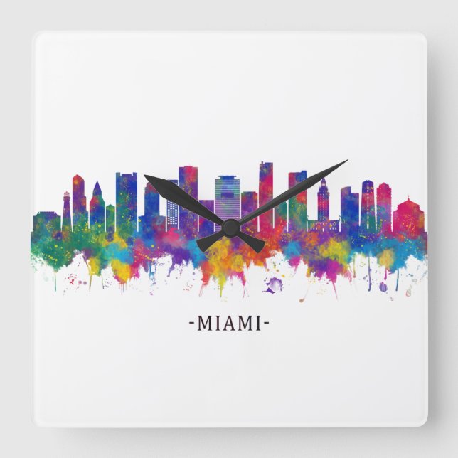 Reloj Cuadrado Miami Florida Skyline (Anverso)