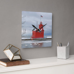 Reloj Cuadrado Michigan Gran Faro Rojo Con Cisnes De Invierno