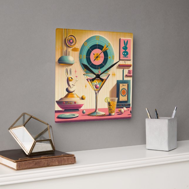 Reloj Cuadrado Mid Century Atómico Futurista Conejo Martini (Oficina)