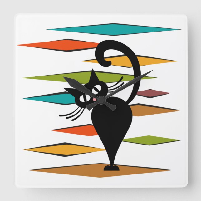 Reloj Cuadrado Mid Century black cat design (Anverso)