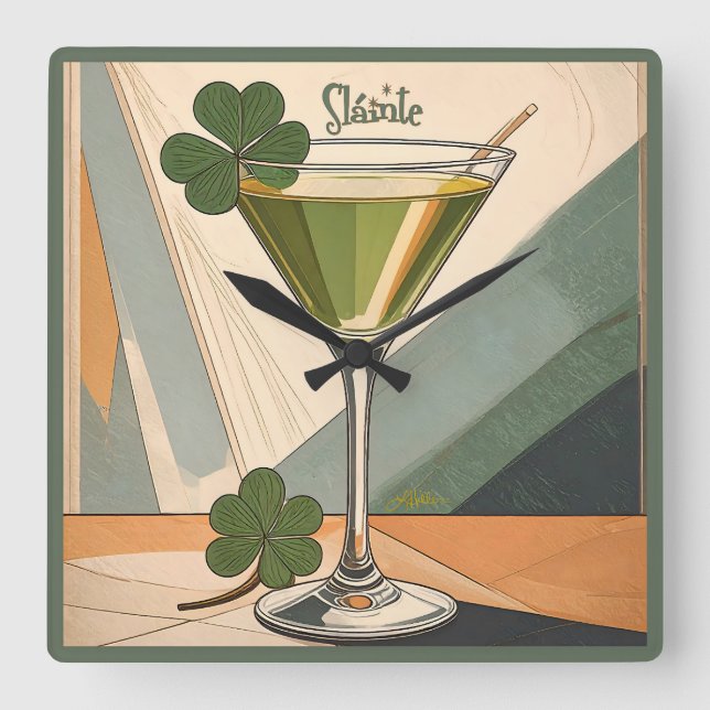 Reloj Cuadrado Mid Century Modern Art Shamrock Martini Sláinte!  (Anverso)