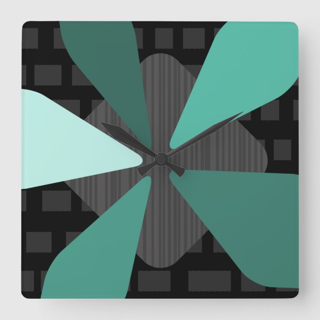 Reloj Cuadrado Mid Century Moderno ‘Petals’ Art Turquesa Negro (Anverso)