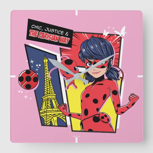 Reloj Cuadrado Milagroso Comic Ladybug Parisian Way (Anverso)