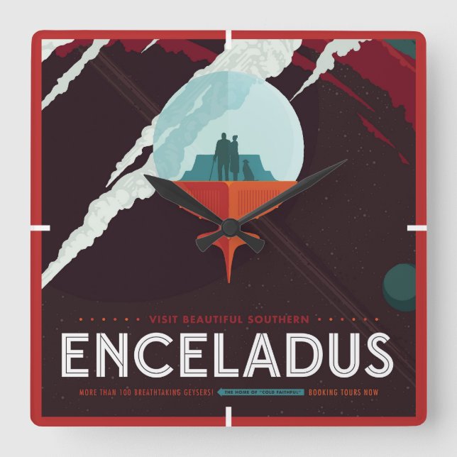 Reloj Cuadrado Misión Retro Space Poster-Cassini A Saturno (Anverso)