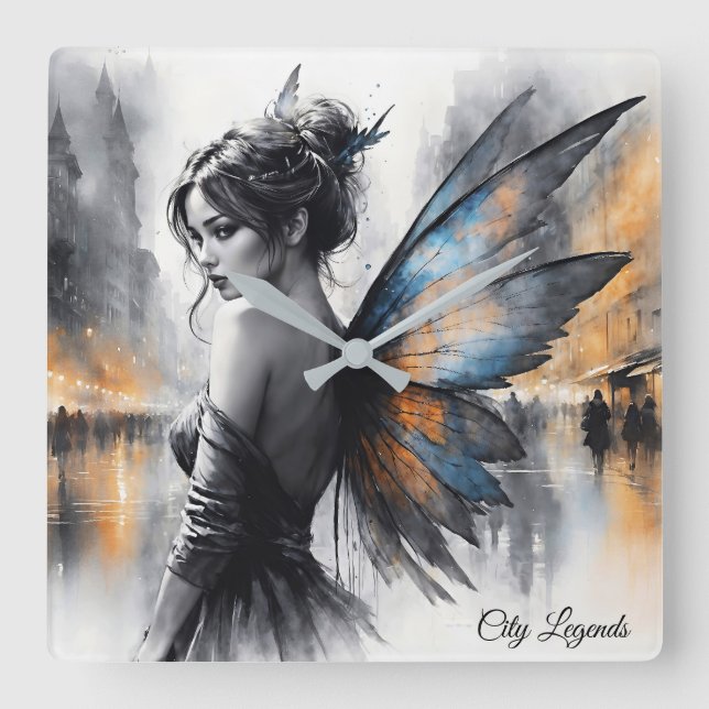 Reloj Cuadrado Misteriosa ciudad de hadas brumosas alas etéreas (Anverso)