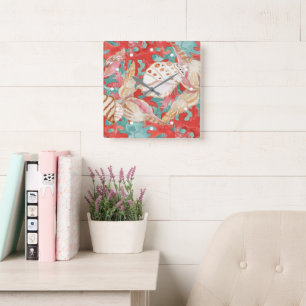 Reloj Cuadrado Moda Aqua Turquoise Coral Red Seashelos Patrón