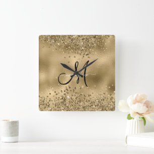 Reloj Cuadrado Moda Black Gold Purpurinas Monograma Nombre