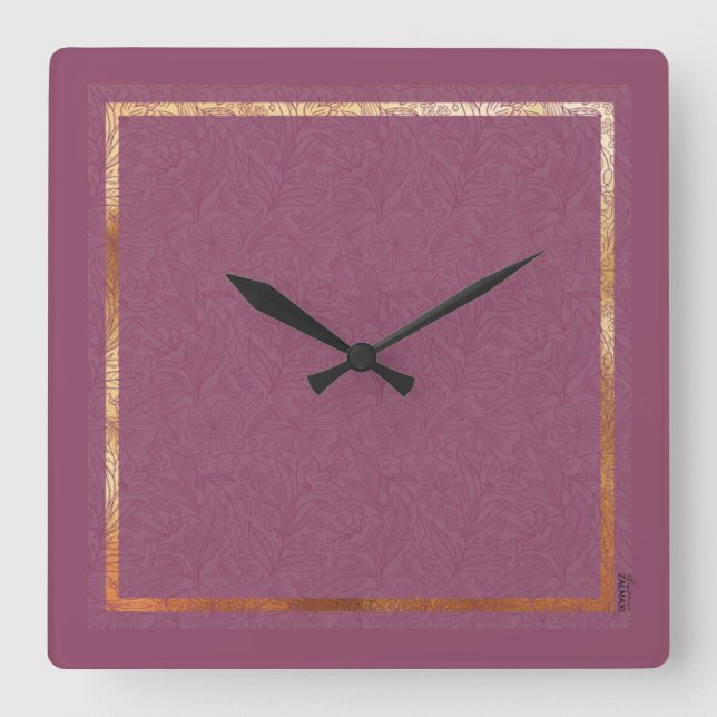 Reloj Cuadrado Moda Borgoña de oro Abstracto Marco Floral (Anverso)