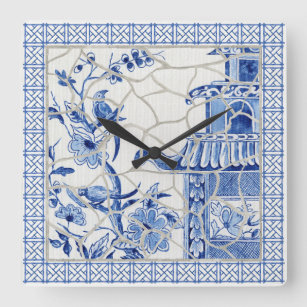 Reloj Cuadrado Moda Chinoiserie azul y blanca Mosaico floral de p