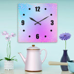 Reloj Cuadrado Moda de los puntos de confeti de color rosa oscuro<br><div class="desc">Los números negritos, negros y fáciles de leer, y los puntos de naranja, rosa y morado coloridos sobre los colores predominan sobre una moda, un fondo sombrío color azul turquesa pastel, morado y rosa. Relájese en su habitación favorita con este elegante, moderno, sencillo y de moda reloj en la pared....</div>