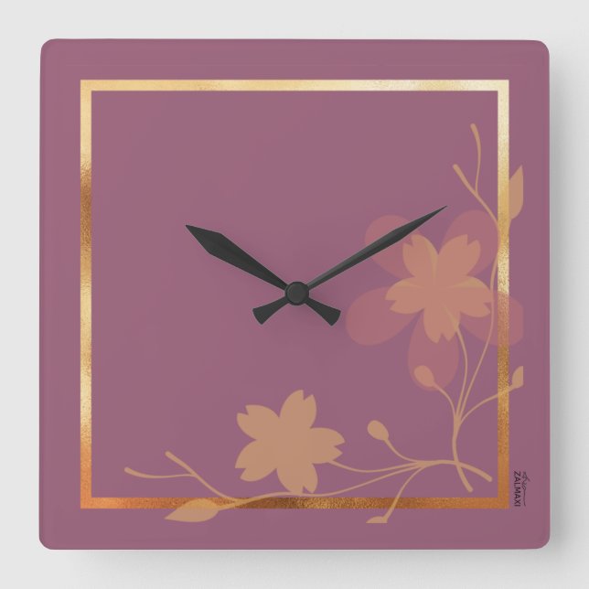 Reloj Cuadrado Moda Dorado Purple Abstracto Marco Floral (Anverso)