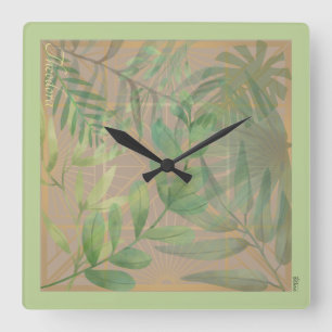 Reloj Cuadrado Moda Hoja Verde Dorada Resumen Patrón Oro