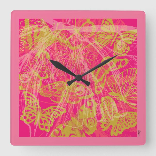 Reloj Cuadrado Moda Mariposa de oro Fuchsia (Anverso)