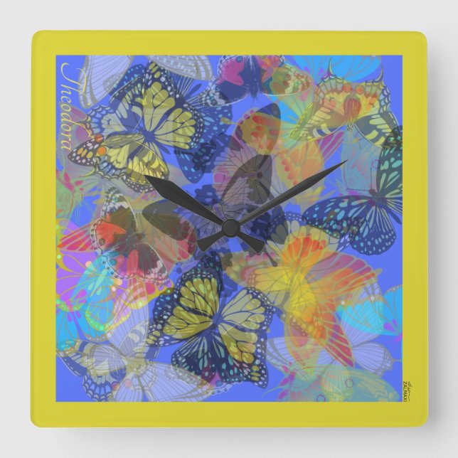 Reloj Cuadrado Moda Mariposa dorada Bleu Amarillo (Anverso)