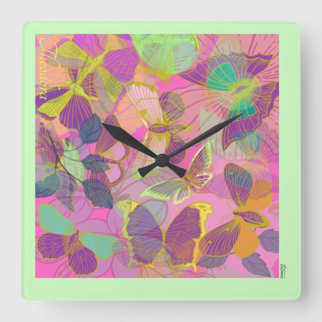 Reloj Cuadrado Moda Mariposa Turquesa Violeta (Anverso)