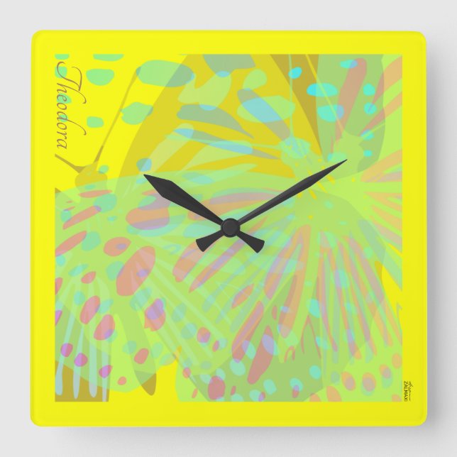 Reloj Cuadrado Moda Resumen mariposa dorada violeta amarilla (Anverso)