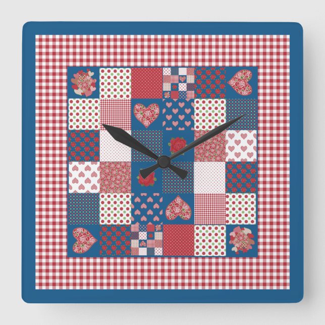 Reloj Cuadrado Moda Square Wall Clock, Faux-Patchwork, Gingham (Anverso)