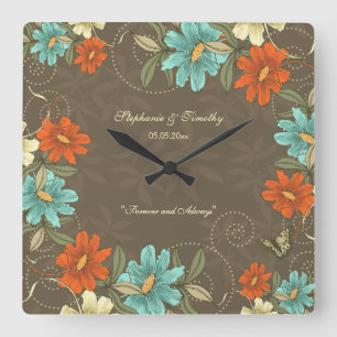 Reloj Cuadrado Moda vendimia aqua naranja crema boda floral