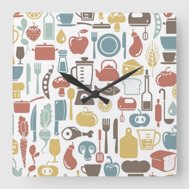 Reloj Cuadrado Modelo con cocinar iconos (Anverso)