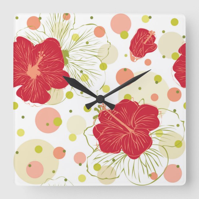 Reloj Cuadrado Modelo dibujado mano del hibisco (Anverso)