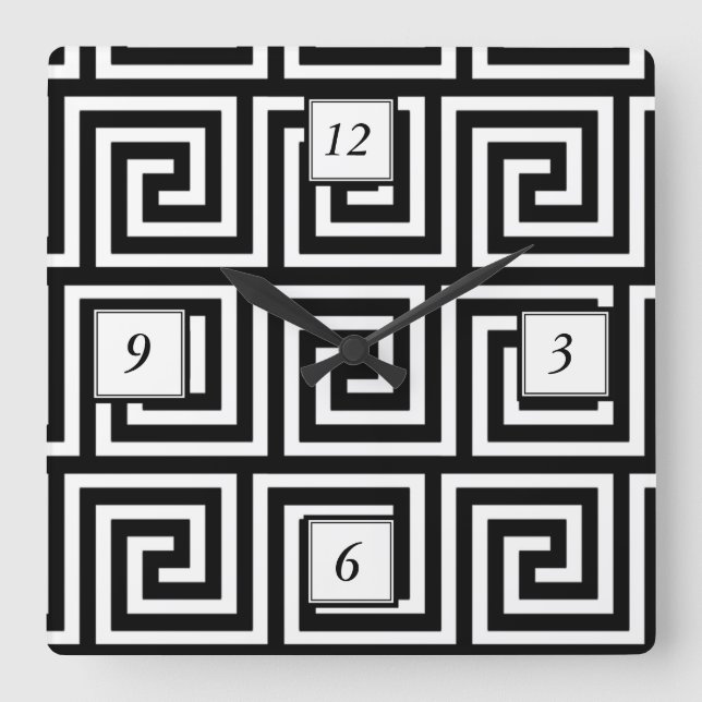 Reloj Cuadrado Modelo dominante griego blanco y negro (Anverso)