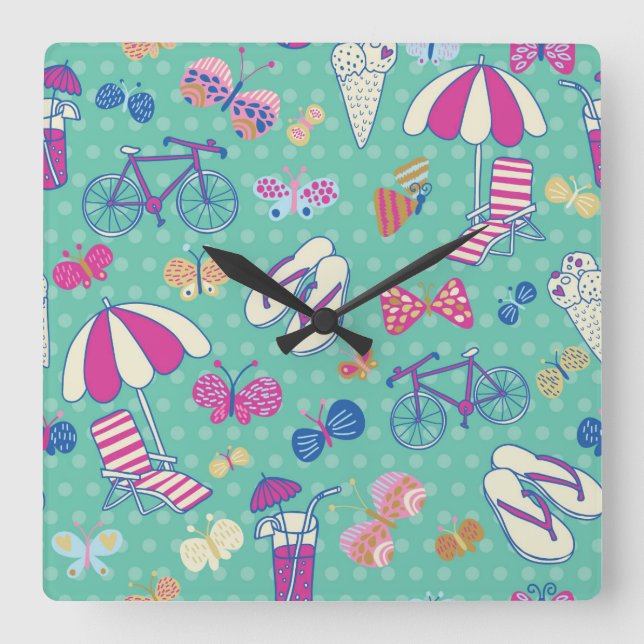 Reloj Cuadrado Modelo hermoso con los elementos del verano (Anverso)