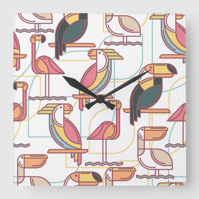 Reloj Cuadrado Modelo moderno con los pájaros tropicales (Anverso)