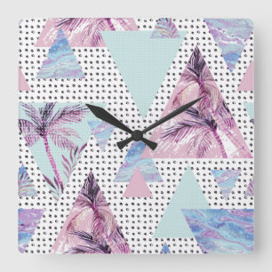 Reloj Cuadrado Modelo rosado y azul de la acuarela de la palmera