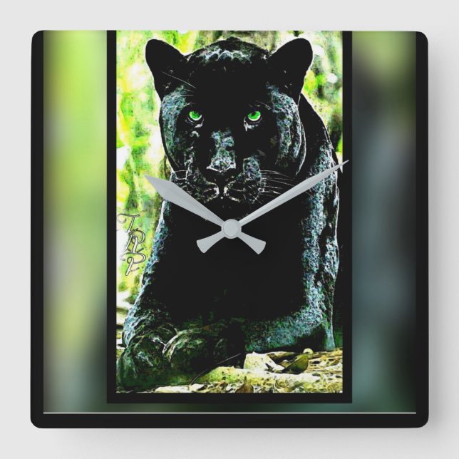 Reloj Cuadrado Modelos Big Cat: Pantera negra de ojos verdes (Anverso)